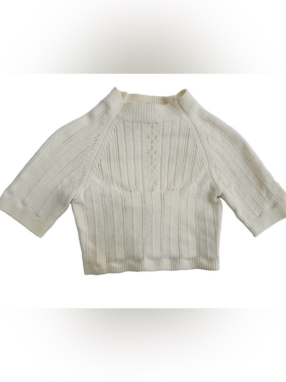 Free People Cream Ivory Cable Knit Open Back Cropped Short Sleeve Sweater Small